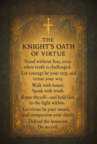 "The Knight’s Oath of Virtue scroll with golden sword and medieval design, expressing core values of courage and honor"