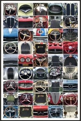 Composite photograph of classic car steering wheels and grills