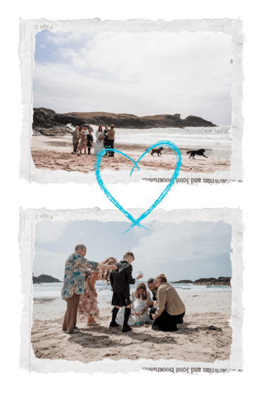 a weddig party standing on a beach
