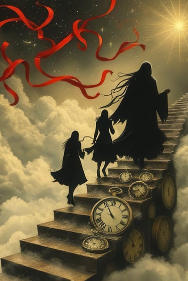a woman walking up a flight of stairs with a clock
