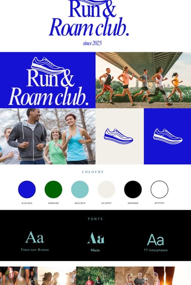 Run & Roam Club logo concept with colours, fonts, and running shoe icon.