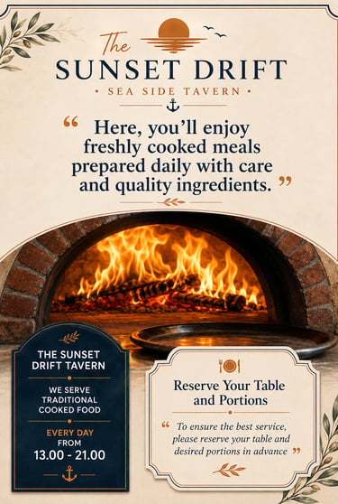 Promotional poster for The Sunset Drift Tavern by John’s Guesthouse, featuring a traditional wood-fi