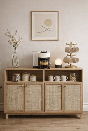 Modern home coffee station with Nespresso machine, mugs, and decor on a wood and rattan cabinet.