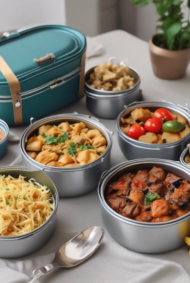 A modern kitchen scene featuring various steel kitchenware items on a countertop