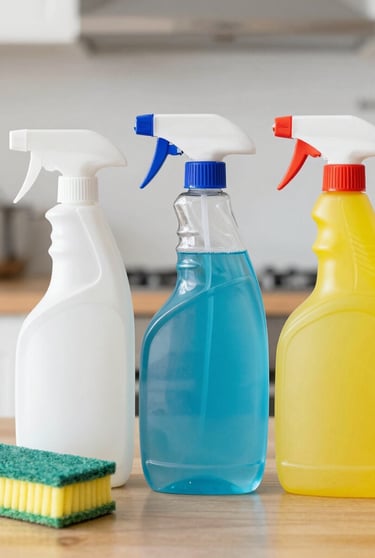 Set of cleaning sprays and cloths in stylish containers on kitchen counter