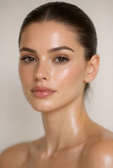 Portrait of a woman with dewy skin, natural makeup, and slicked-back hair.
