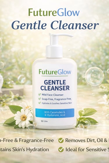 FutureGlow Gentle Cleanser bottle for sensitive skin with ceramides and hyaluronic acid.