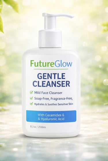 FutureGlow Gentle Face Cleanser bottle with hyaluronic acid for sensitive skin on a natural green background.
