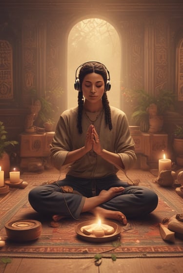 A collection of ritual tools arranged on a wooden altar.