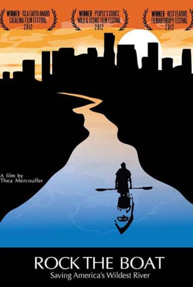 Rock the Boat poster with silhouetted kayaker on a river leading toward a city skyline.
