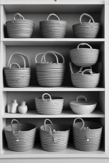 Collection of various handmade jute baskets displayed on shelves