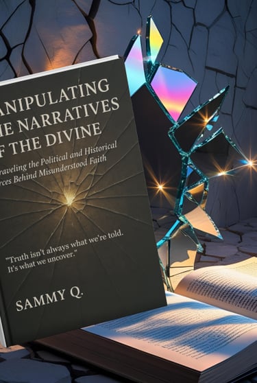 A book titled Manipulating the Narratives of the Divine by Sammy Q. sits near shattered glass.
