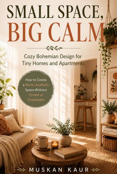 Book cover for Small Space, Big Calm featuring a cozy bohemian apartment living room with warm lighting.