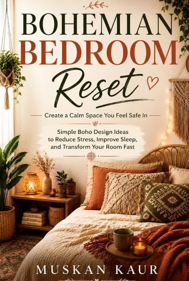 Cozy bohemian bedroom decor with macrame pillows, indoor plants, and warm lighting for a calm space.
