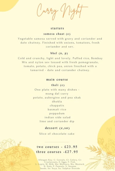 a menu for a curry night at the ark northampton on friday 14th february