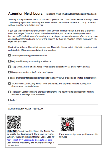 A handout to residents. Double sided for individual completion then folding and mailing to Council.