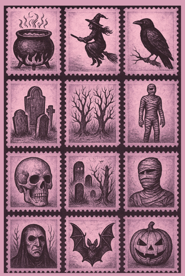 Une illustration des symboles de Samhain, le nouvel an des Sorcières.  Chaudron, potiron, corbeau...