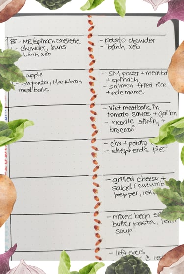Food planner detailing dinner plans for the week