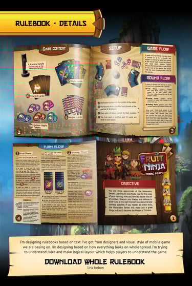 Rulebook design and layout for Fruit Ninja Combo Party board game