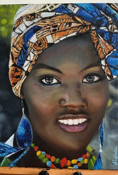 a painting of an afro-american woman with a colorful head scarf