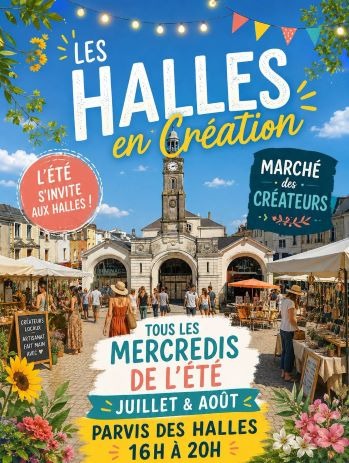 Poster for Les Halles en Creation summer craft market in France featuring local artisans and flower stalls.
