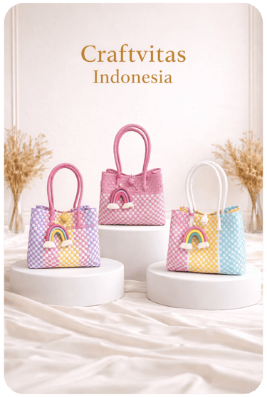 Handwoven plastic tote bags with rainbow accents displayed on podium by Craftvitas Indonesia