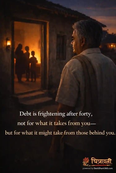 Indian man standing outside a modest home at dusk, family silhouettes inside, sense of responsibility and concern.