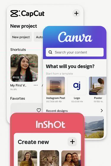 Screenshot-organizado-várias-interfaces-aplicativos-mencionados-CapCut-Canva-InShot