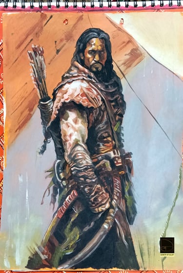 portrait art of human being with bow and arrow made with oil paints