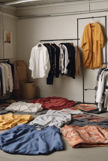 Flat lay of folded oversized t-shirts and hoodies with bold back prints on a light grey background