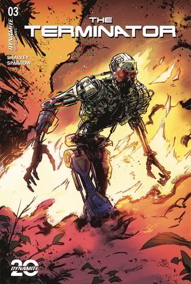Comic cover for The Terminator issue 3 by David Cousens, a T800 endoskeleton walking through flamesl