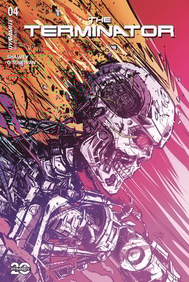 A terminator endoskeleton being blasted in the face causing parts of it to explode away,