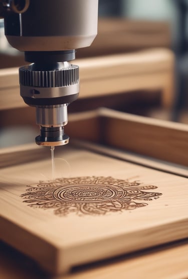 Artisan carefully engraving a wooden panel with a laser machine