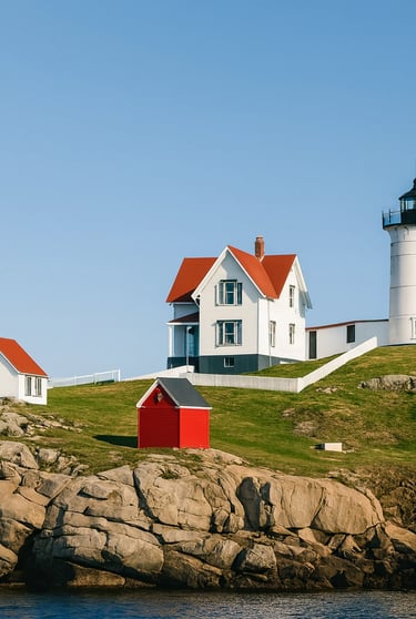 “Nubble Lighthouse in York, Maine with bright red roofs, symbolizing trusted seasonal home watch ser