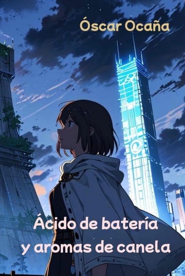 Portada de la novela de Ciencia Ficción 'Ácido de bateria y aromas de canela' de Óscar Ocaña Parrón