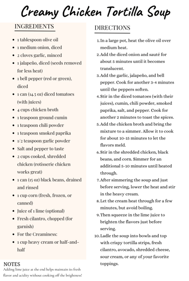 creamy tortilla soup recipe card