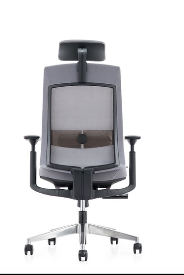 Black mesh performance chair with headrest, rear view on casters
