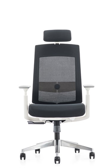 Black mesh chair with white frame and headrest, front view on casters
