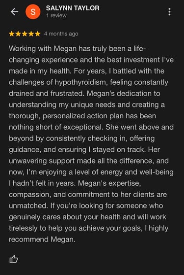 Good review for Megan Swan Wellness Coaching.
