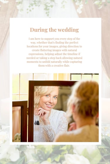 Smiling bride looking in mirror at the camera, bride in traditional white lace wedding dress