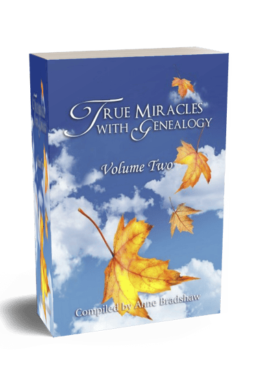 True Miracles with Genealogy Volume Two blue gold cover with floating leaves.