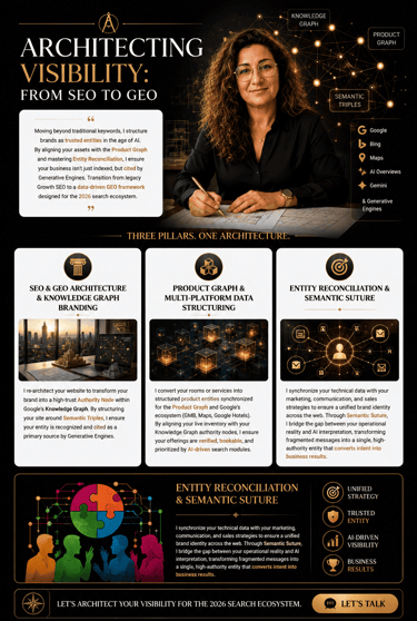 High-end infographic about architecting digital visibility from SEO to GEO