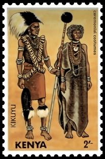 a stamp with a drawing of a kikuyu couple in traditional 