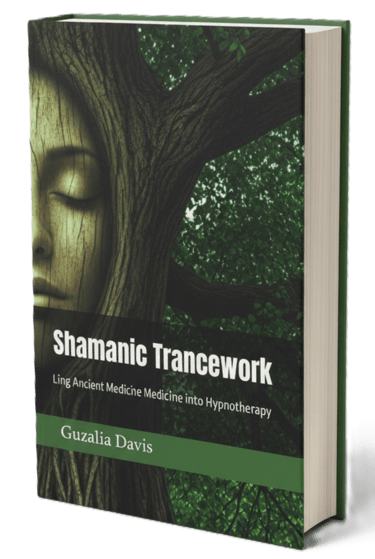 Shamanic Trancework book by Guzalia Davis featuring a woman's face blended into a green forest tree.