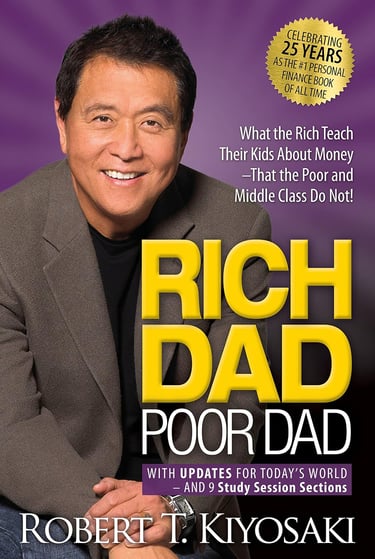 Rich Dad Poor Dad cover, personal finance book contrasting money mindsets.