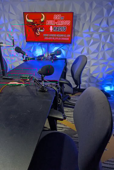 This typical podcasting / radio station set says it all.