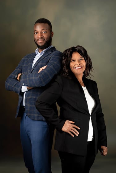 a man and woman standing next to each other  representing a family business