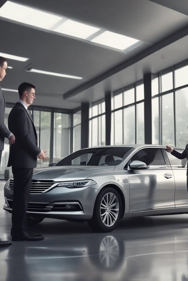 A luxury car with a sleek, metallic exterior and distinctive grille is displayed inside a modern showroom. The lighting highlights the vehicle's glossy finish and elegant design features.