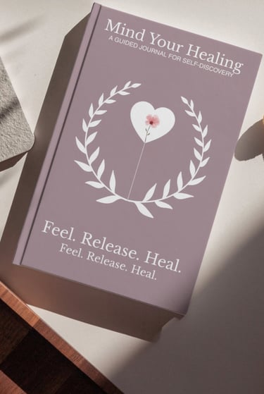 Mind Your Healing guided journal for self-discovery with a purple cover and white laurel wreath.