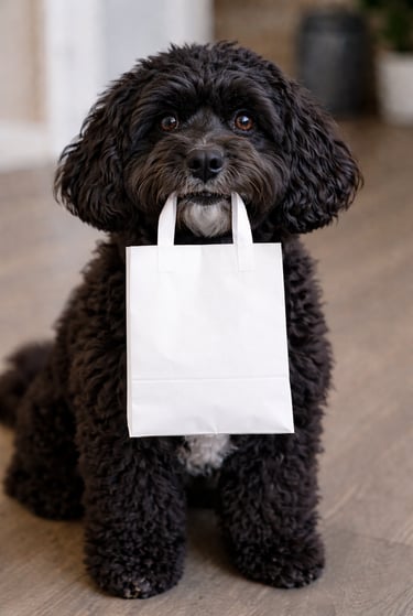 cockapoo with bag in mouth